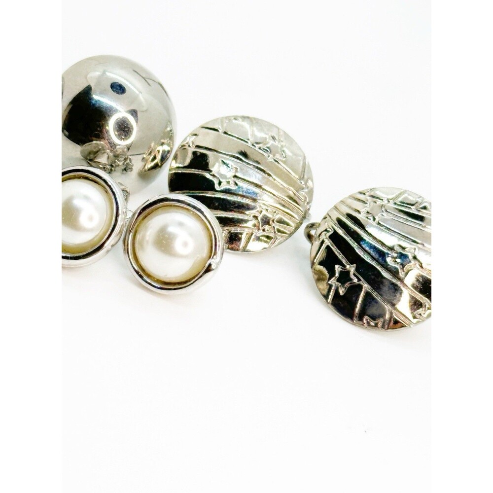 Lot 3 Pairs Vintage Silver Tone Clip On Earrings Faux Pearl Stars Statement